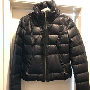 Andrew Marc 100% Black leather jacket with hood